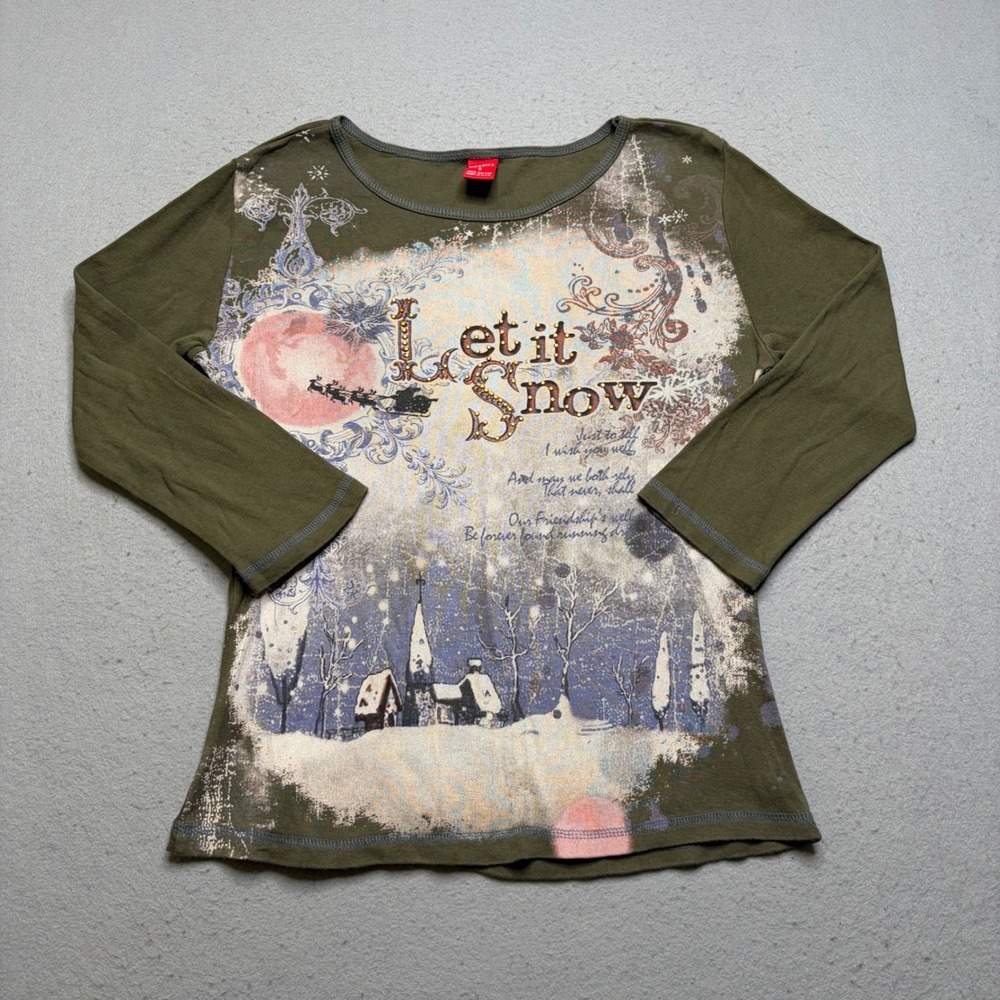 Merry & Bright Graphic Tee Women S Green Let It Snow Y2K Rhinestone Holiday Top